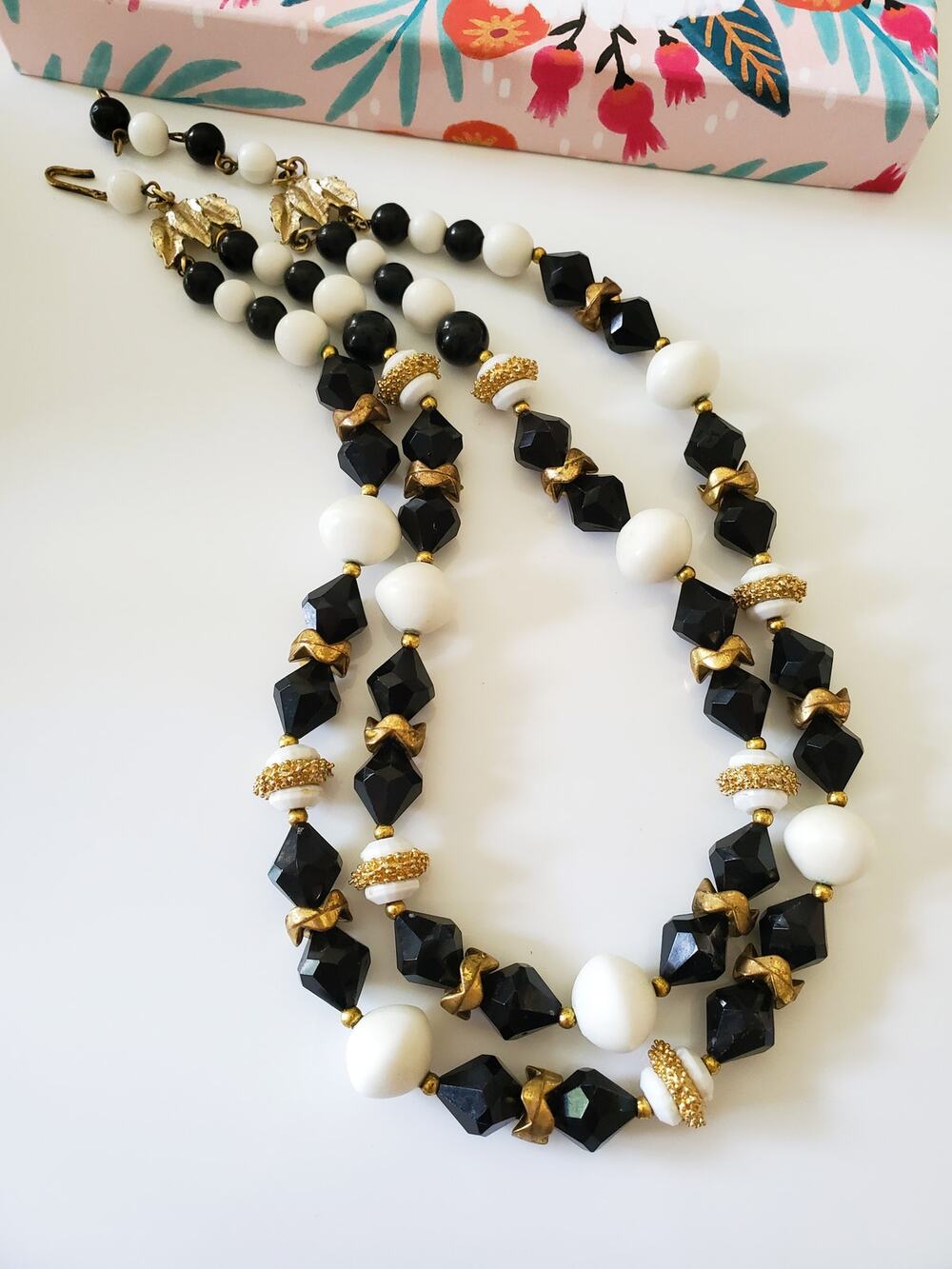 Vintage Black and White Beaded Double Strand Necklace